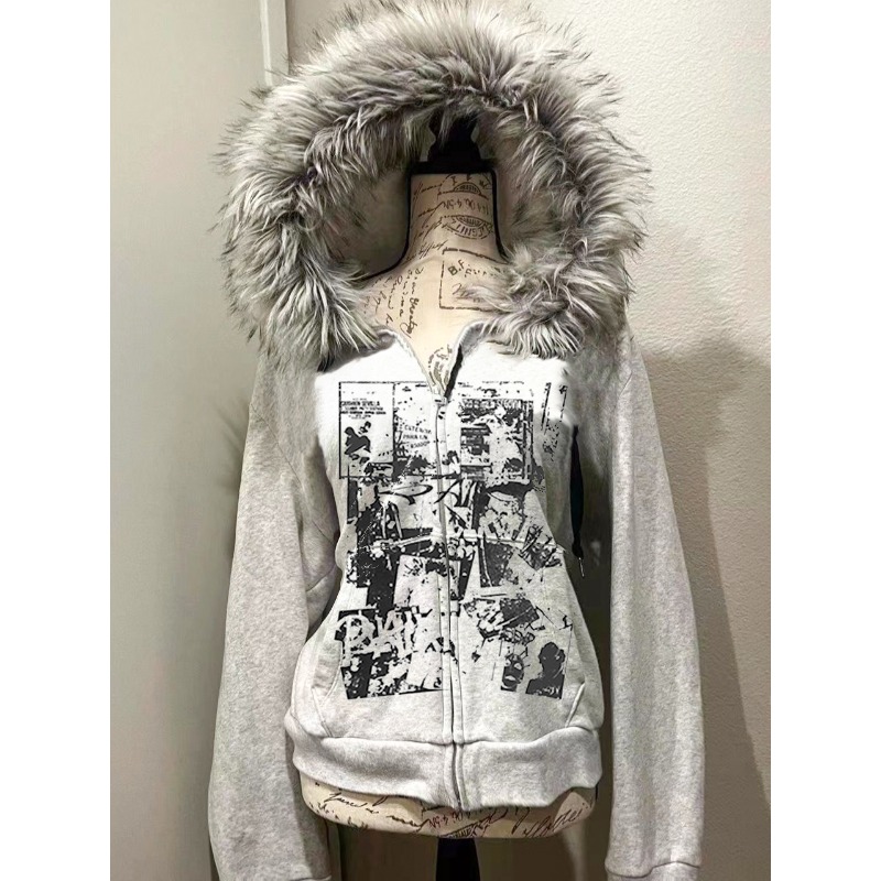 Grey Faux Fur Wool Double Zipp - Vintage Zip Hoodie incelemesi ve fiyatı