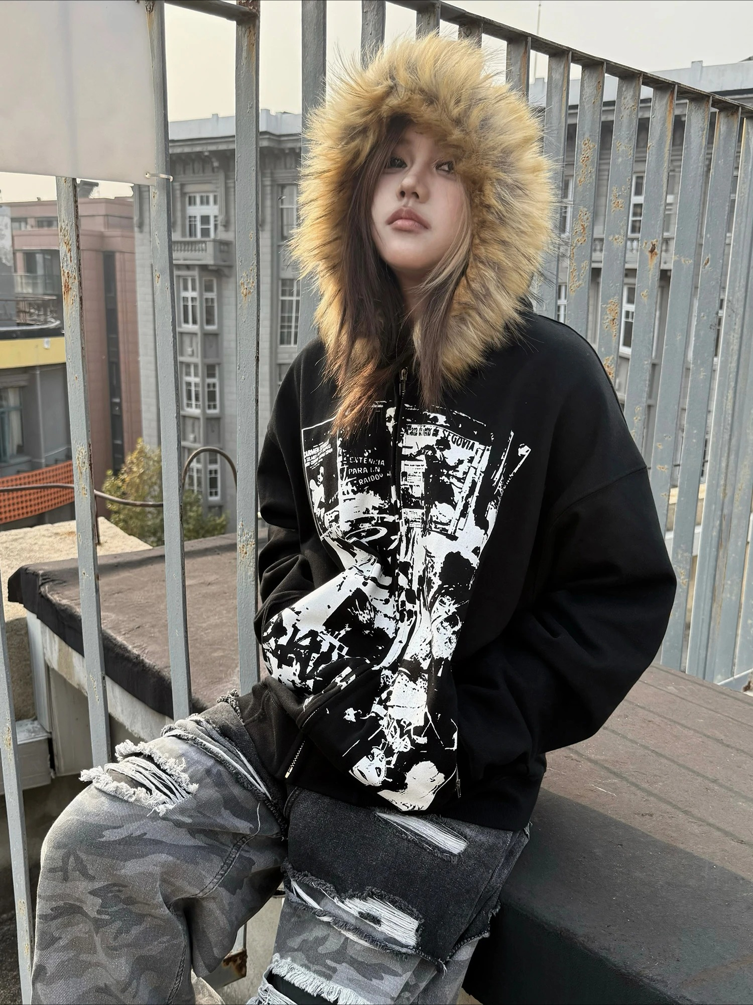 Grey Faux Fur Wool Double Zipp - Vintage Zip Hoodie incelemesi ve fiyatı
